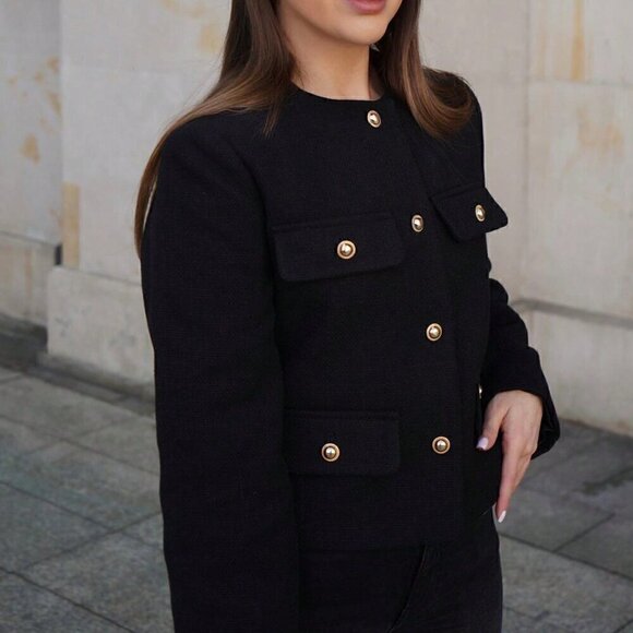 Black Elegant Women's Casual Tweed Jacket Decorated Long Sleeve Coat - Picture 3 of 8